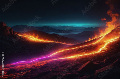 A fantastic landscape with a burning neon figure.