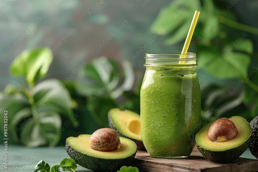 Jar of green smoothie with avocado. This image depicts a healthy and refreshing green smoothie made with avocado, perfect for promoting healthy living and natural ingredients.