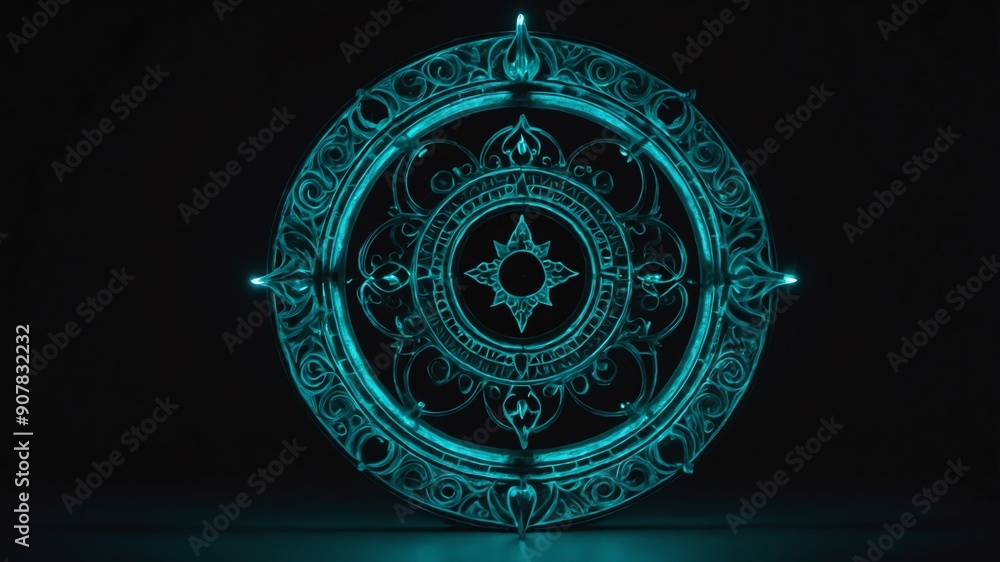 teal glowing magic circle in black background copy space design teal glowing magic circle in black background copy space design