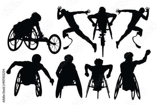 Silhouette of the runner of the artificial leg. Paralympic agitos in their original colors, chic and elegant illustration, sober, intergenerational, white background. Handicap athletes silhouettes