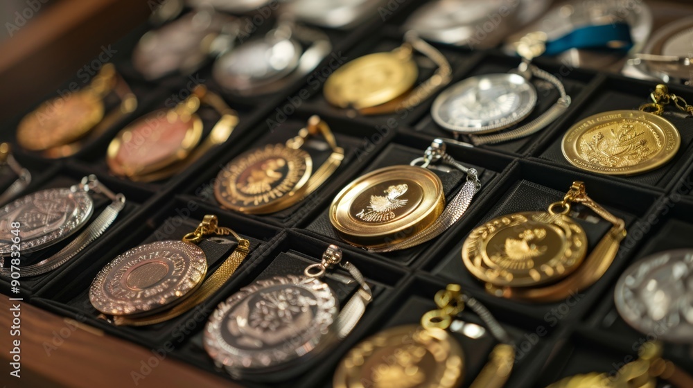 Collection of Gold and Silver Medals in a Wooden Box. Collection of Gold and Silver Medals in a Wooden Box.