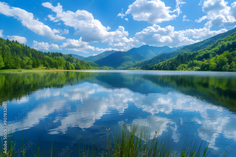 Serene Mountain Lake with Reflection of Clouds - Photo Serene Mountain Lake with Reflection of Clouds - Photo