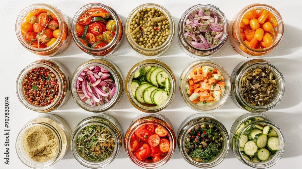 Various jars of different pickled vegetables. Perfect for an editorial on food preservation and home-cooked meals. Various jars of different pickled vegetables. Perfect for an editorial on food preservation and home-cooked meals.