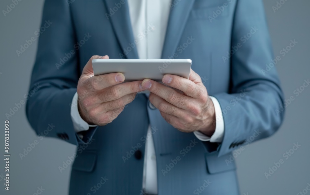 Businessman holding a tablet on a grey background Businessman holding a tablet on a grey background