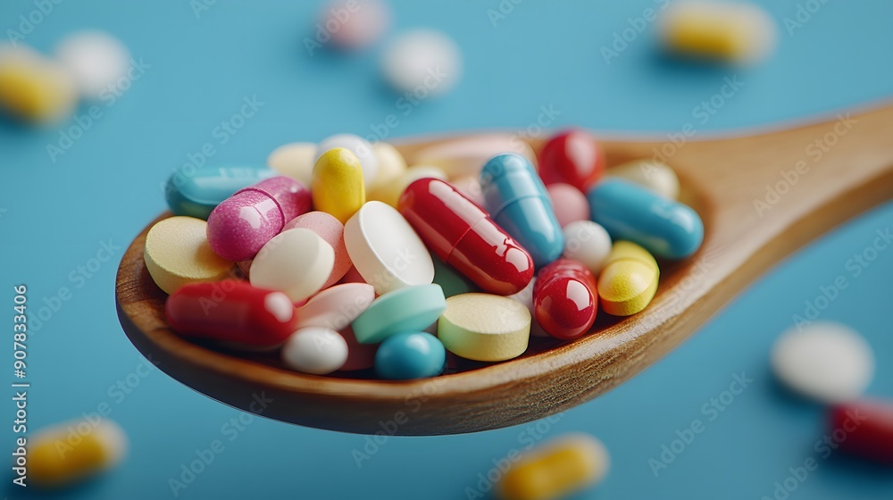 Colorful Pills in a Wooden Spoon. Health and Medicine Concept Colorful Pills in a Wooden Spoon. Health and Medicine Concept