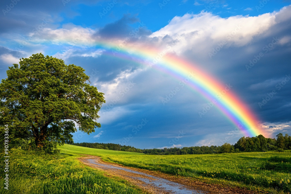 Obraz premium Regenbogen über grüner Wiese