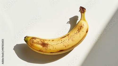 A single, fresh banana with a smooth, blemish-free peel, casting a soft shadow on a pristine white backdrop.