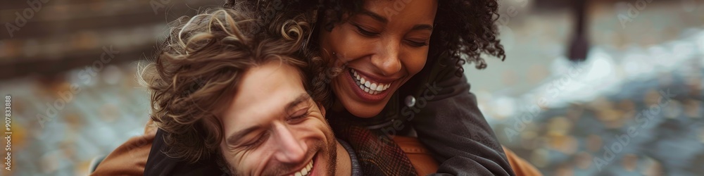 Man carrying woman on his back both smiling at each other Man carrying woman on his back both smiling at each other