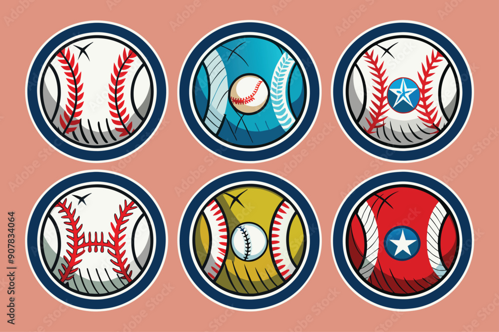 Six Circular Logos Featuring Baseball Designs with Different Colors and Stars Six Circular Logos Featuring Baseball Designs with Different Colors and Stars