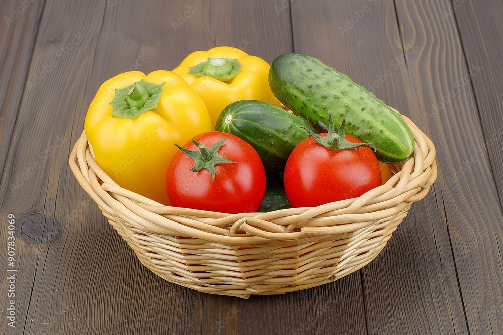 A wicker basket containing yellow bell peppers, red tomatoes, and green cucumbers, placed on a wooden table, showcasing fresh and healthy vegetables A wicker basket containing yellow bell peppers, red tomatoes, and green cucumbers, placed on a wooden table, showcasing fresh and healthy vegetables