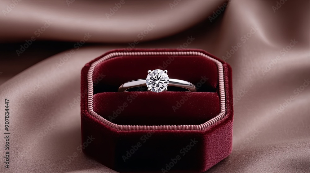 A diamond engagement ring in a velvet box, with a romantic, soft focus background