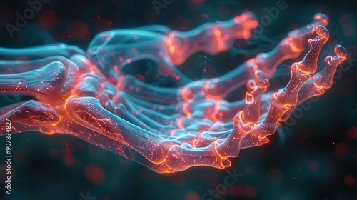 A digital rendering of a hand skeleton, glowing with blue and red light, symbolizing advanced technology or medical imaging.