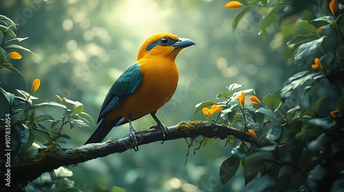 A very beautiful bird of Cenderawasih with a dominant yellow color photo