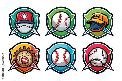 Set of Colorful Baseball Logos with Caps, Stars, and Gear