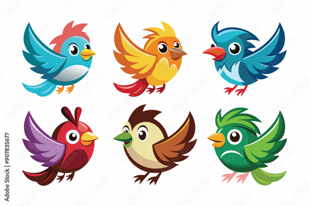Six Cartoon Birds with Colorful Feathers and Beaks Six Cartoon Birds with Colorful Feathers and Beaks