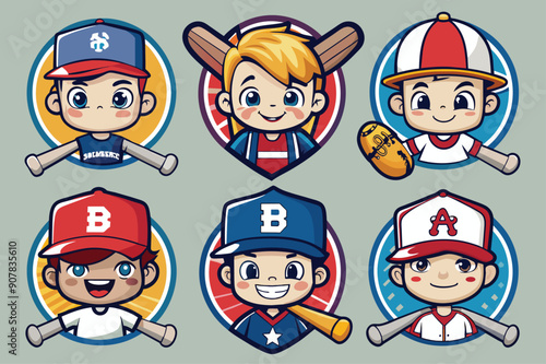 Six Cartoon Baseball Player Characters With Bats And Logos