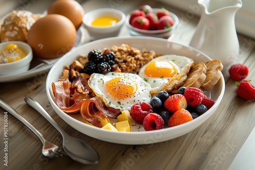 Hearty breakfast plate with fried eggs, bacon, fresh berries, and granola on a wooden table