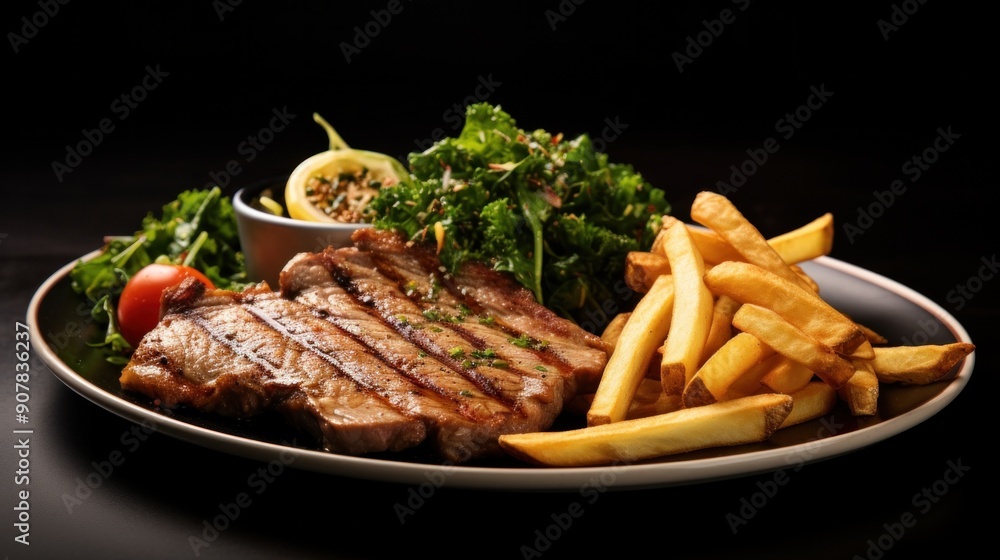 A tantalizing pork steak platter featuring a succulent steak, a medley of fresh greens tossed in a light vinaigrette, and a golden basket of crispy fries. A tantalizing pork steak platter featuring a succulent steak, a medley of fresh greens tossed in a light vinaigrette, and a golden basket of crispy fries.