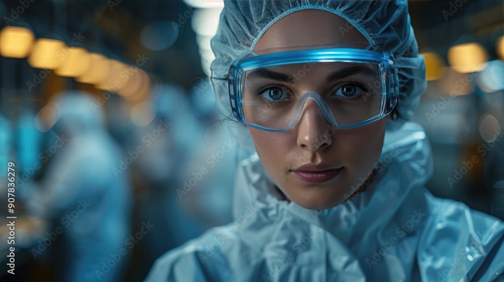 Female scientist in protective gear working in a laboratory, focusing on research and development, surrounded by lab equipment. Female scientist in protective gear working in a laboratory, focusing on research and development, surrounded by lab equipment.