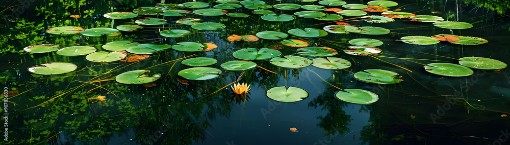 Water Lily Pond with Yellow Flower Illustration Water Lily Pond with Yellow Flower Illustration