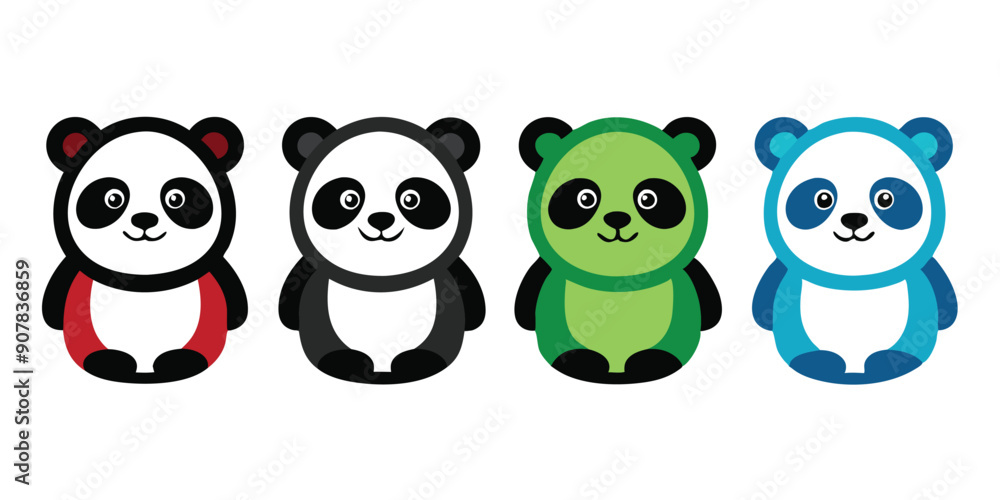 Four Cartoon Pandas in Different Colors Four Cartoon Pandas in Different Colors