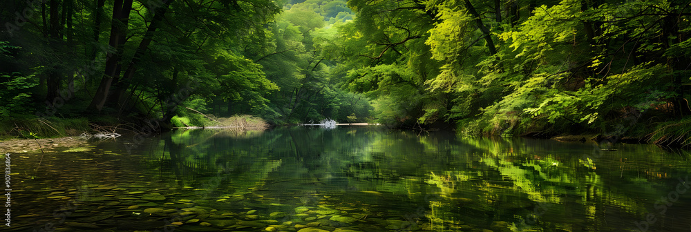 Serene Forest River Reflection - Photo Serene Forest River Reflection - Photo