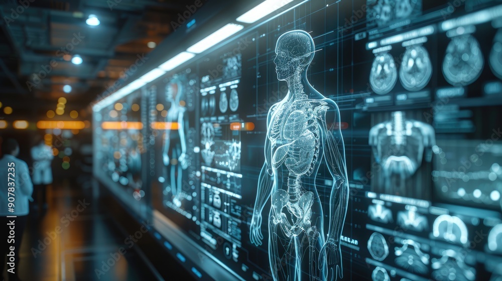 Fototapeta premium Futuristic medical technology concept with digital human anatomy on display screen in advanced healthcare facility.