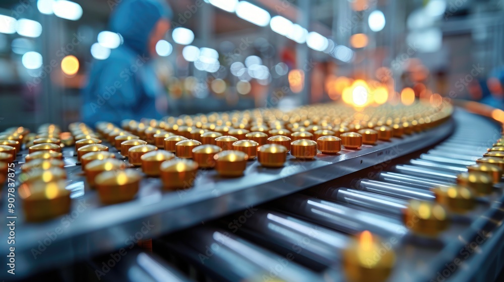 Fototapeta premium Industrial production line with factory workers. Assembly line with shiny components. Automated manufacturing process in modern factory.