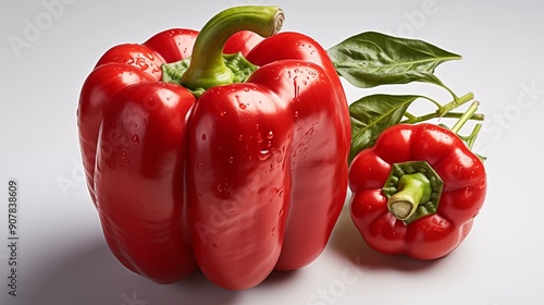 Close up of a fresh italian sweet pepper, macro photography, delicious textures, front view from above, studio lighting, white background. photo