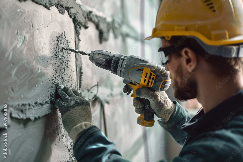 back view of man in hardhat drills a wall with a drill back view of man in hardhat drills a wall with a drill