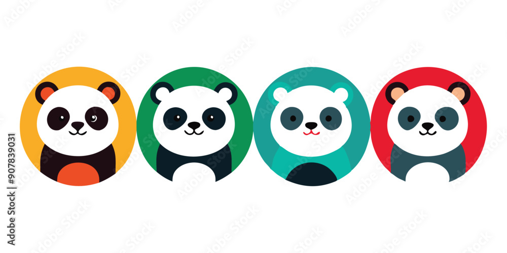 Four Cute Cartoon Pandas in Colorful Circles Four Cute Cartoon Pandas in Colorful Circles