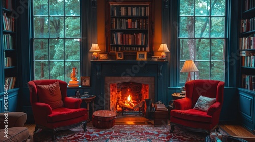 Cozy living room with fireplace and bookshelves. Perfect for showcasing themes of warmth, comfort, and home.