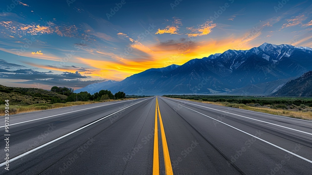 Realistic images with full HD resolution Highway at sunrise with mountains in the background, vibrant sky, more clarity with clear light and sharp focus, high detailed Realistic images with full HD resolution Highway at sunrise with mountains in the background, vibrant sky, more clarity with clear light and sharp focus, high detailed