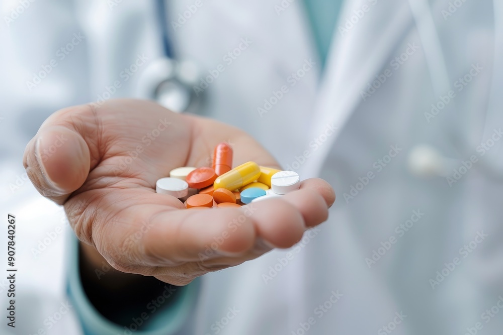 Close up of doctor holding pills or medical gloves with stethoscope Close up of doctor holding pills or medical gloves with stethoscope