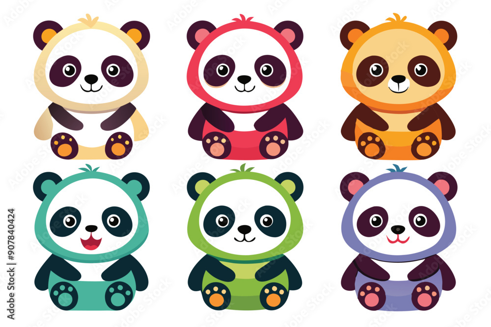 Six Colorful Cartoon Pandas Sitting in a Row Six Colorful Cartoon Pandas Sitting in a Row