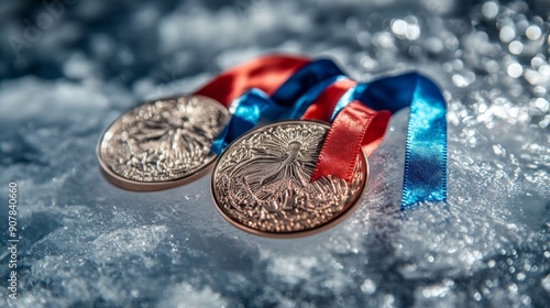 Tricolor Ribboned Olympic Medals on Ice – Perspective Shot