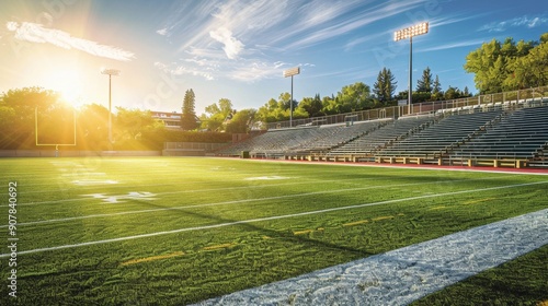 Empty Football Stadium at Sunset.