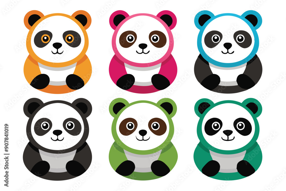 Six Cartoon Pandas in Different Colors Sitting on White Background Six Cartoon Pandas in Different Colors Sitting on White Background