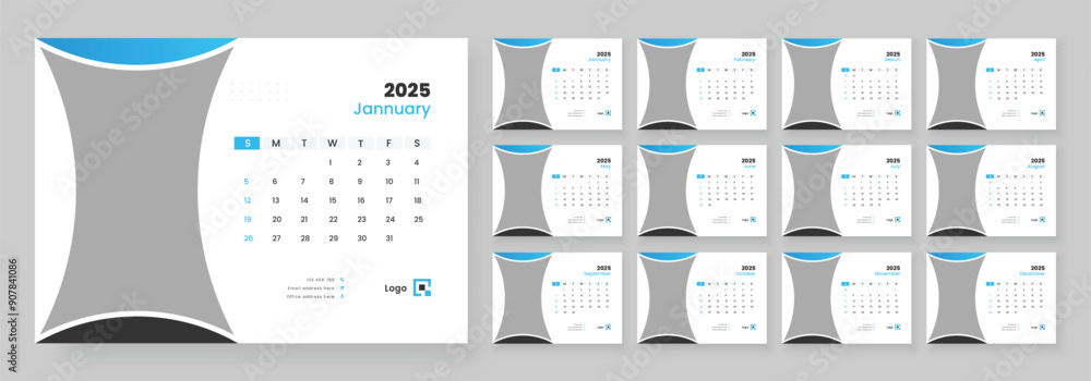 Desk Calendar 2025 template design, Week start on Sunday, Office Calendar 2025. Desk Calendar 2025 template design, Week start on Sunday, Office Calendar 2025.