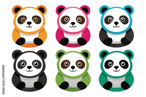 Six Cartoon Pandas in Different Colors Sitting on White Background