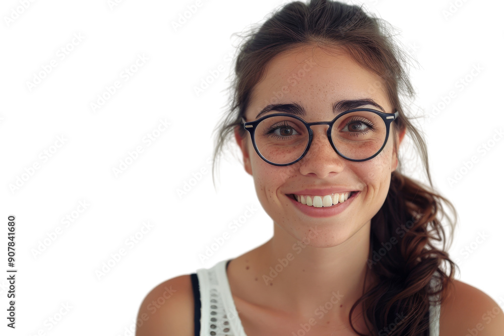 Young woman with brown eyes wearing glasses and smiling Isolated on white background Young woman with brown eyes wearing glasses and smiling Isolated on white background