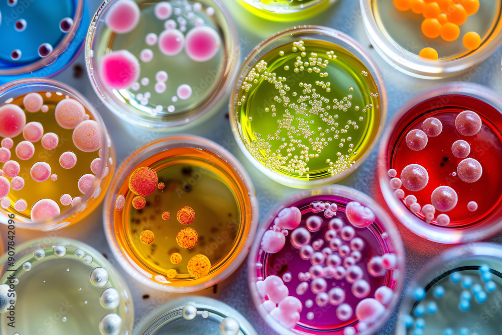 close up of colorful bacteria colonies in various petri dishes close up of colorful bacteria colonies in various petri dishes