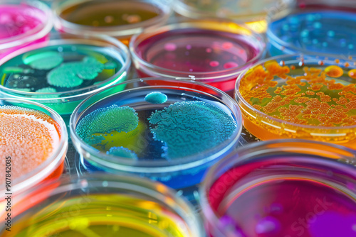 microbiology background, colorful bacteria colonies in petri dishes