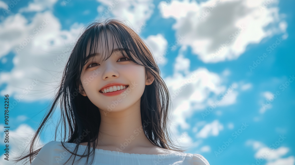 夏空と笑顔の日本女性 夏空と笑顔の日本女性