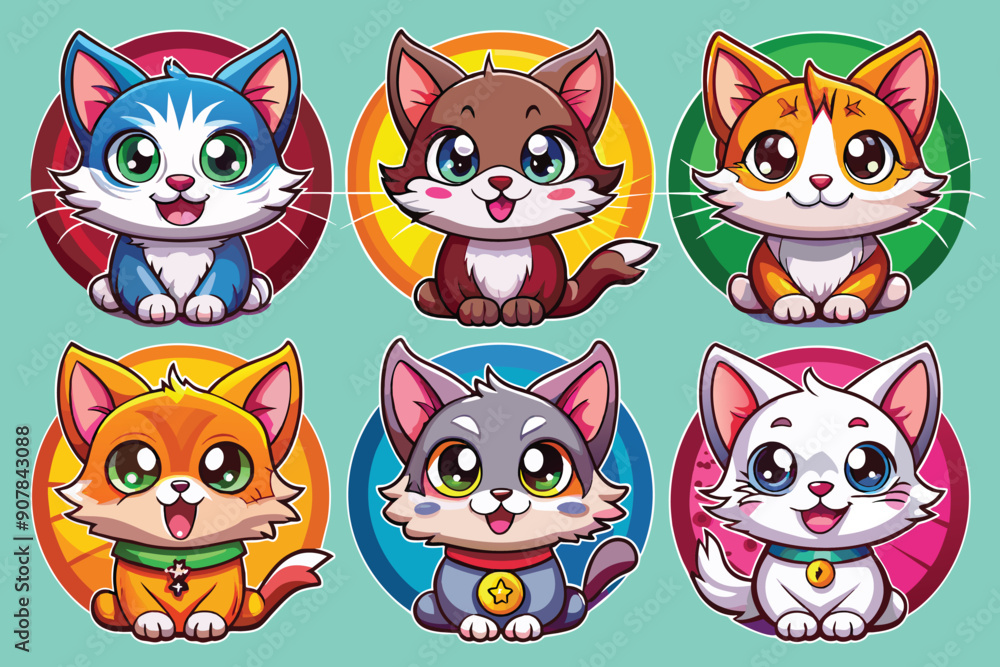 Six Adorable Cartoon Cats with Big Eyes and Smiling Faces Six Adorable Cartoon Cats with Big Eyes and Smiling Faces