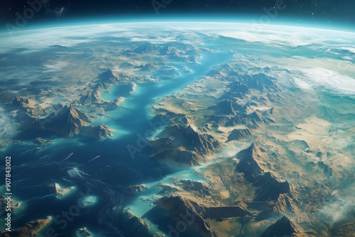 Stunning aerial view of a rugged alien terrain featuring mountains, valleys, and expansive bodies of water under a clear sky.