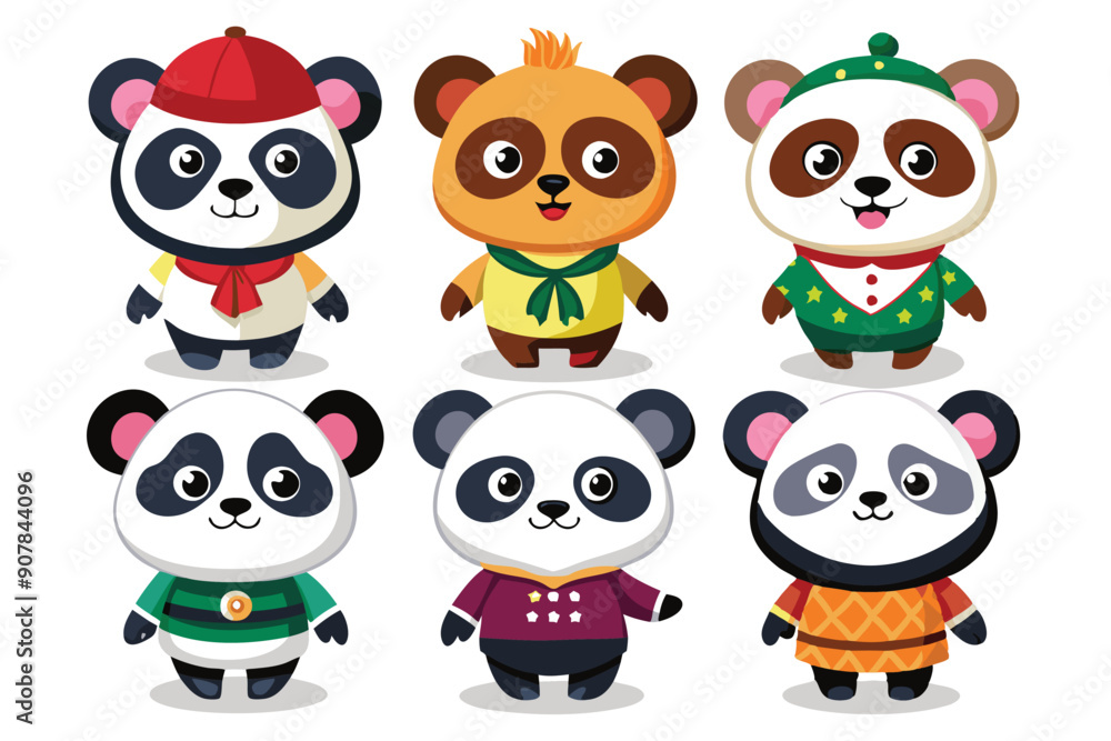 Fototapeta premium Six Cute Cartoon Pandas Wearing Different Outfits
