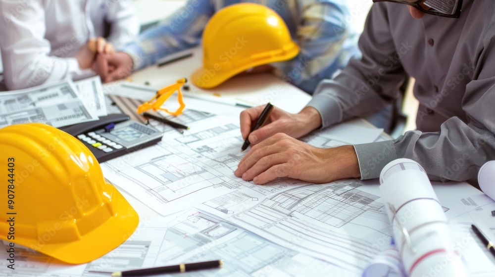 Generate a photo realistic image of a construction project team in a meeting discussing cost estimations with detailed financial charts and budgeting documents; ensure the image is of high resolution Generate a photo realistic image of a construction project team in a meeting discussing cost estimations with detailed financial charts and budgeting documents; ensure the image is of high resolution