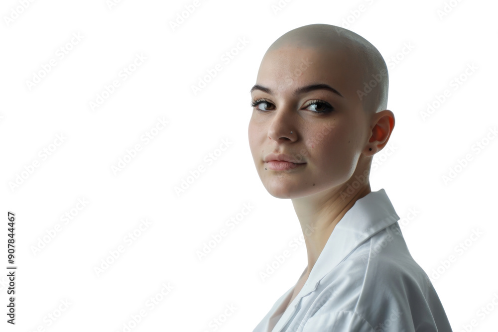Young hairless woman standing confidently in casual attire, smiling warmly. Isolated on white background Young hairless woman standing confidently in casual attire, smiling warmly. Isolated on white background