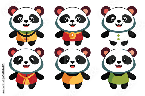 Six Adorable Cartoon Pandas Dressed in Different Outfits